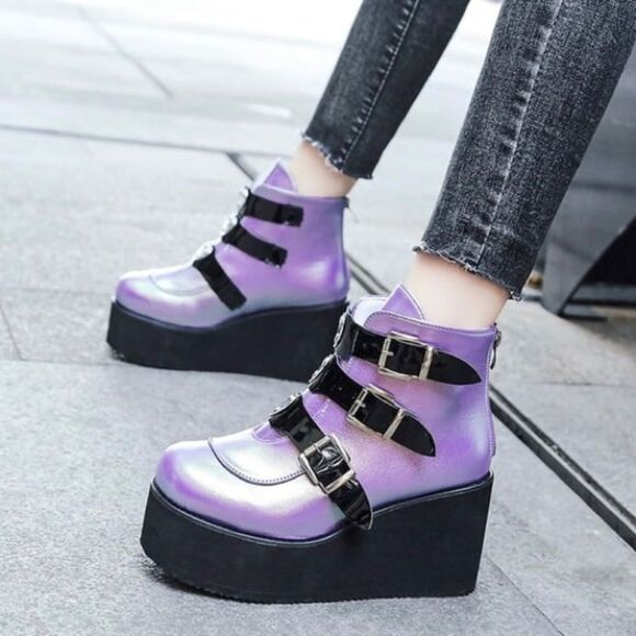 Purple Metallic Platform Ankle Boots - Size 6 - Picture 7 of 16
